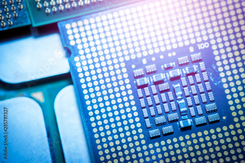 Obraz na płótnie Blue computer CPU on a silver background Modern technology concepts. Selective focus image.