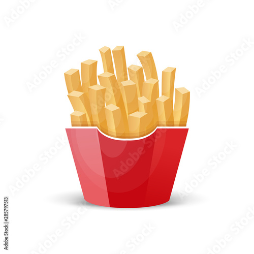 French fries. Roasted potato chips in deep fat fry oil potatoes. Fast food. Cooked fried potatoes in packed takeaway. Vector.