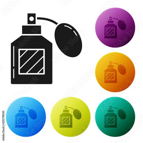 Black Aftershave icon isolated on white background. Cologne spray icon. Male perfume bottle. Set icons colorful circle buttons. Vector Illustration