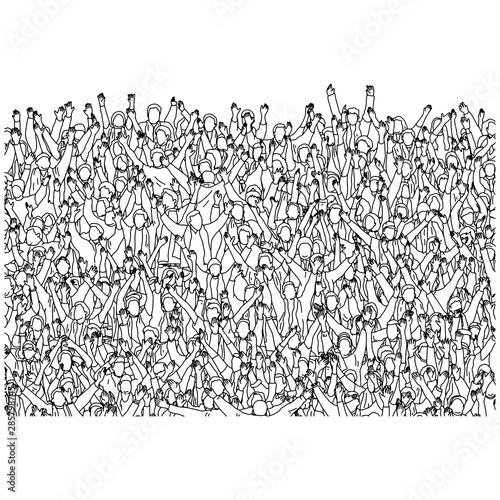 crowd of people raising their hands up cheering on stadium vector illustration sketch doodle hand drawn with black lines isolated on white background.