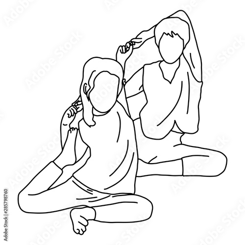 young woman and her daughter doing yoga together vector illustration sketch doodle hand drawn with black lines isolated on white background