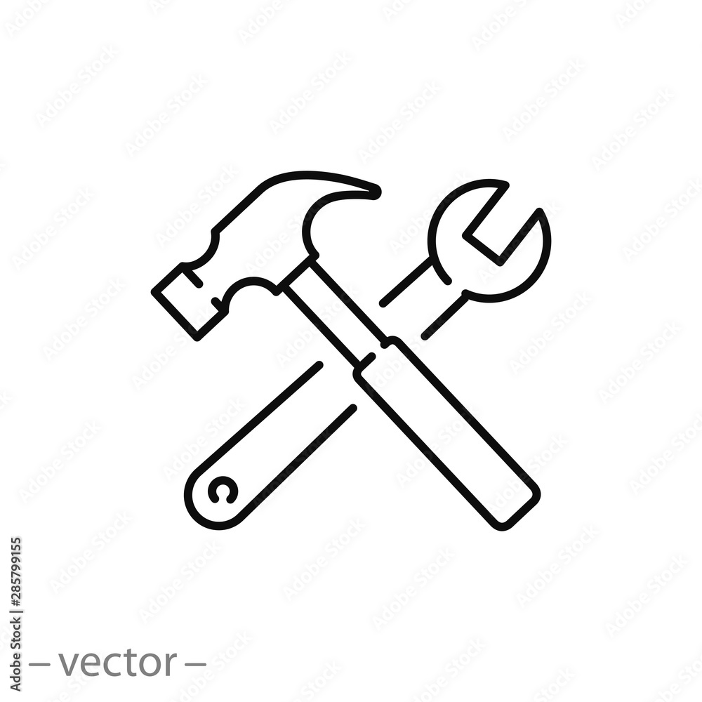 Fotografie, Obraz tool icon, wrench and hammer, service, logo, thin line web symbol on white backg