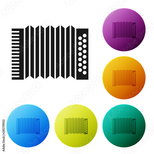 Black Musical instrument accordion icon isolated on white background. Classical bayan, harmonic. Set icons colorful circle buttons. Vector Illustration