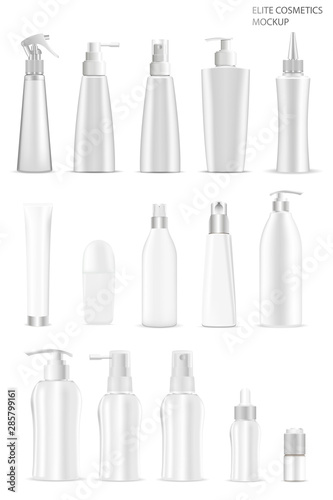 Cosmetic Bottle. Vector Container blank for Lotion, Shampoo, Cream Beauty Care. Dispenser Pump, Spray Set. 3d Design of White Plastic Package. Realistic Medical Bottle Isolated on Background. Spa Jar