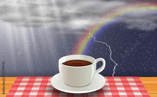 coffee cup on the wooden table at the cafe in rain day