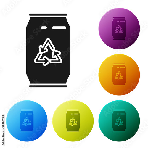 Black Can with recycle symbol and can icon isolated on white background. Trash can icon. Garbage bin sign. Recycle basket sign. Set icons colorful circle buttons. Vector Illustration