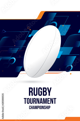 Vector of rugby ball tournament championship design elements with futuristic background.
