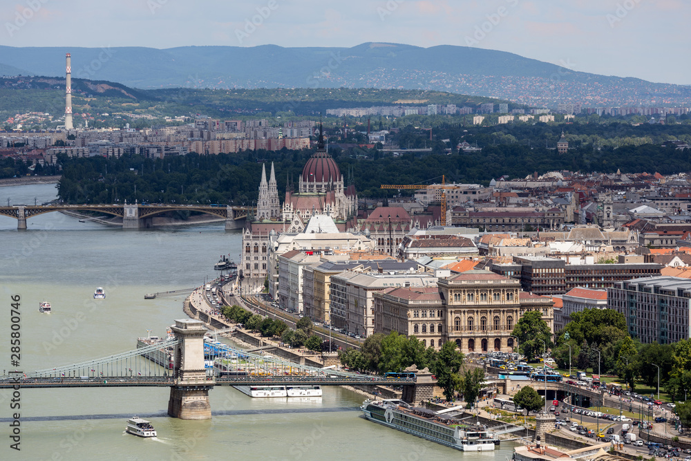 View at Budapest with hungarian parliament building and chain bridge