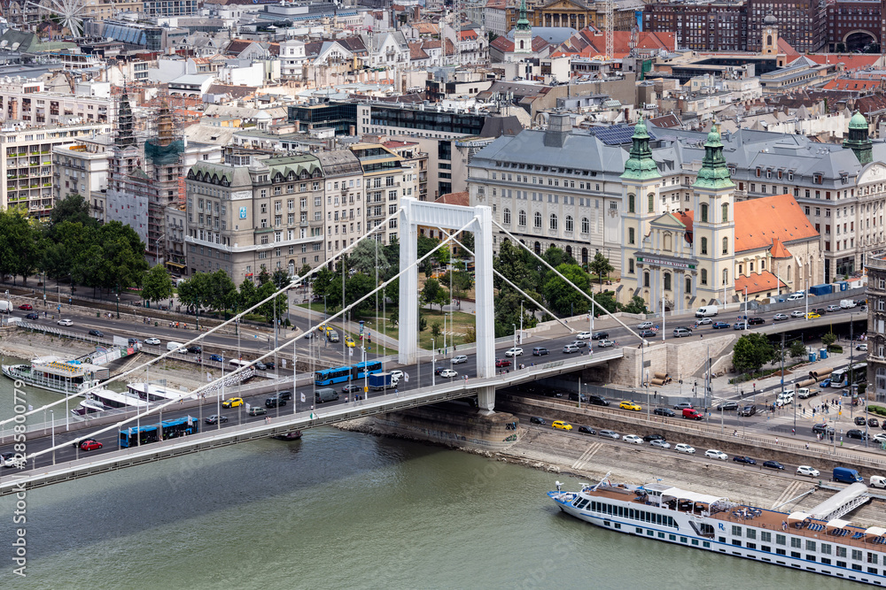 Aerial view Budapest with Elisabeth Bridge over Danube river