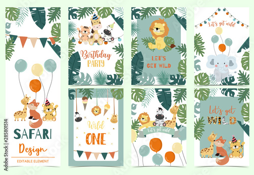 Green animal collection of safari background set with lion,fox,giraffe,zebra,balloon vector illustration for birthday invitation,postcard,logo and sticker.Wording include wild one,wild and free