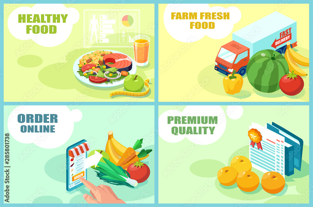 Vector templates for healthy food diet, farm fresh fruits and vegetables, online order and quality control