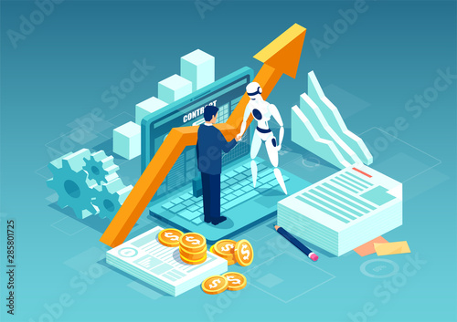 Vector of a businessman and a robot shaking hands standing on computer.