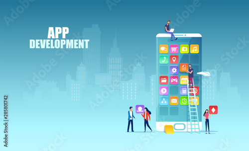Vector of Independent software professionals developing new apps for mobile devices