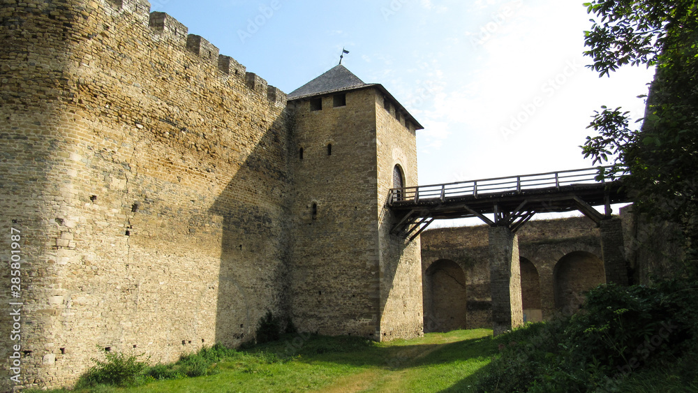Main gate and bridge of Khotyn fortress (fortification complex located on the right bank of the Dniester River in Khotyn, Chernivtsi Oblast (province) of western Ukraine). 06.08.2019