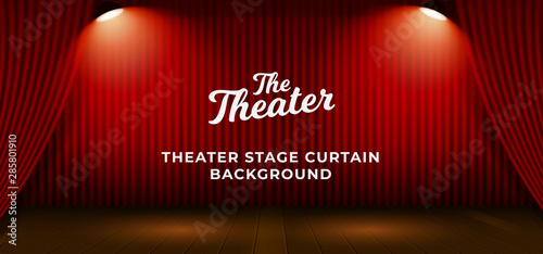 Red theater stage curtain with wooden floor base and double bright spotlight lamp vector illustration. Poster banner show backdrop template.