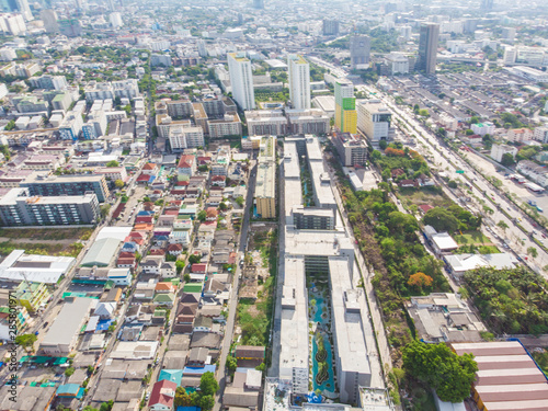 Aerial view modern city building and townhouse capital of Bangkok