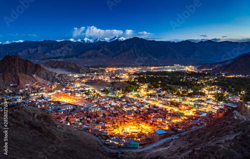 Aerial view of Leh city at night, Ladakh, India photo