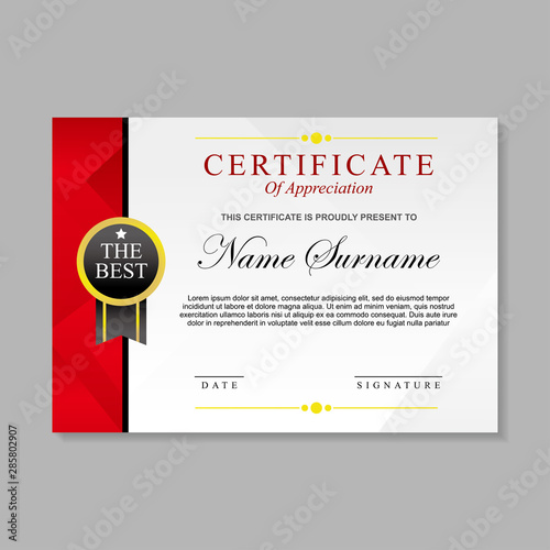 Certificate template design with red, white and black color 