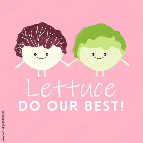 Vector illustration of two cute kawaii lettuces holding hands. Lettuce Do Our Best. Cute food pun concept.