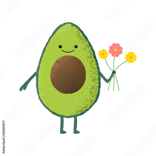 Vector illustration of an isolated cute kawaii avocado character holding a bunch of flowers.