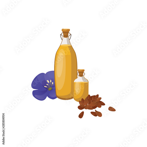 Glass bottle of linseed oil and blue flax flower. Organic product. Natural cooking ingredient. Bottle of Flax oil and seeds Flax. Vector.