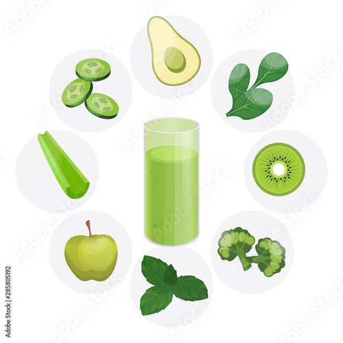Detox cleanse drink concept, red vegetable smoothie. Natural, organic healthy juice in bottle for weight loss diet. Avocado, spinach, kiwi, broccoli, Basil, Apple, celery, cucumber.