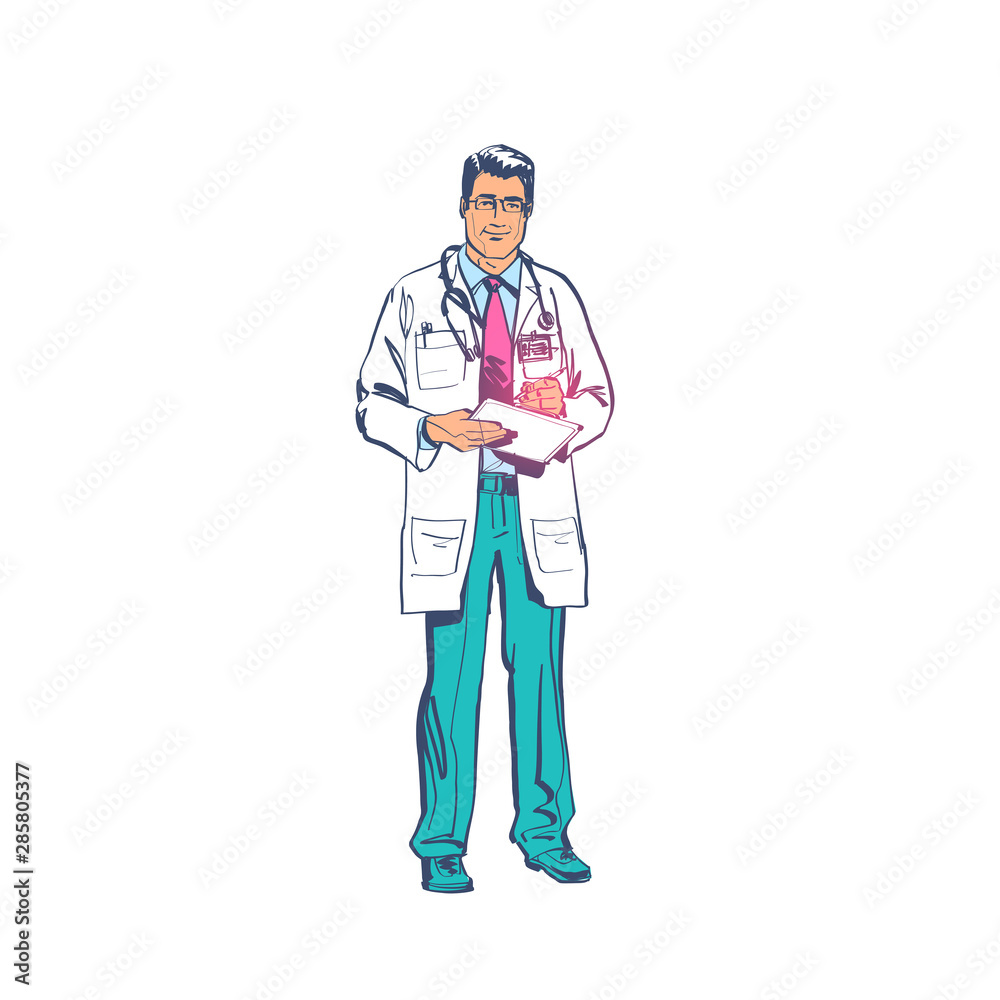 Doctor stands with clipboard with a pen in hand. Rx prescription form. Doctor writing prescription. Medical prescription pad. Vector illustration sketch design style. Medical background, template. Doctor stands with clipboard with a pen in hand. Rx prescription form. Doctor writing prescription. Medical prescription pad. Vector illustration sketch design style. Medical background, template.