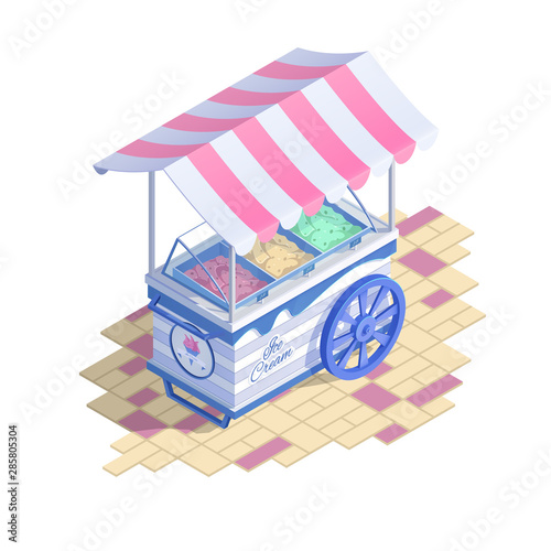 Ice cream cart with awning. Summer sweet dessert. Street food kiosk, delicious refreshment. Vector cartoon isometric design. Advertising landing page template.