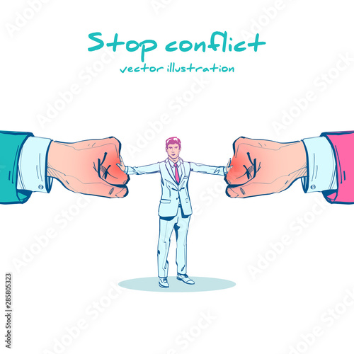 Stop conflict sketch design. Businessman referee finds compromise. Mediator solving competition. Conflict and solution. Man throws two fists. Vector cartoon style. Isolated on white background.