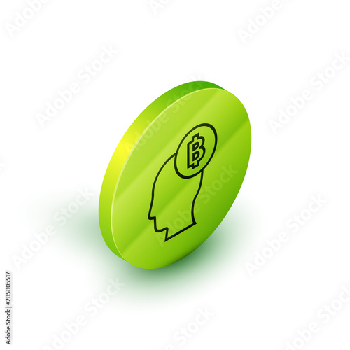 Isometric line Bitcoin think icon isolated on white background. Cryptocurrency head. Blockchain technology, digital money market, cryptocoin wallet. Green circle button. Vector Illustration