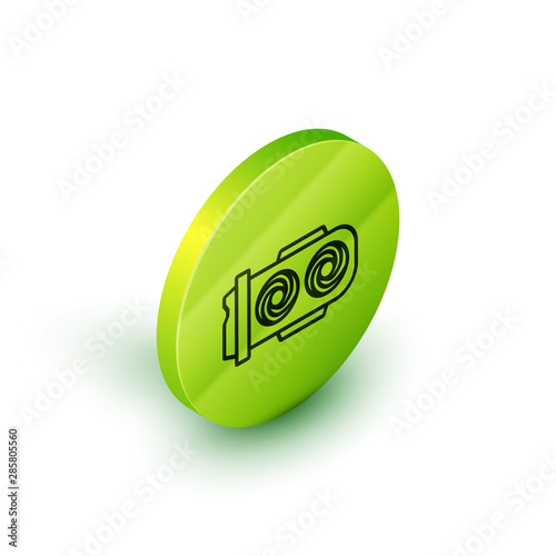 Isometric line Mining farm icon isolated on white background. Cryptocurrency mining, blockchain technology, digital money market, cryptocoin wallet. Green circle button. Vector Illustration