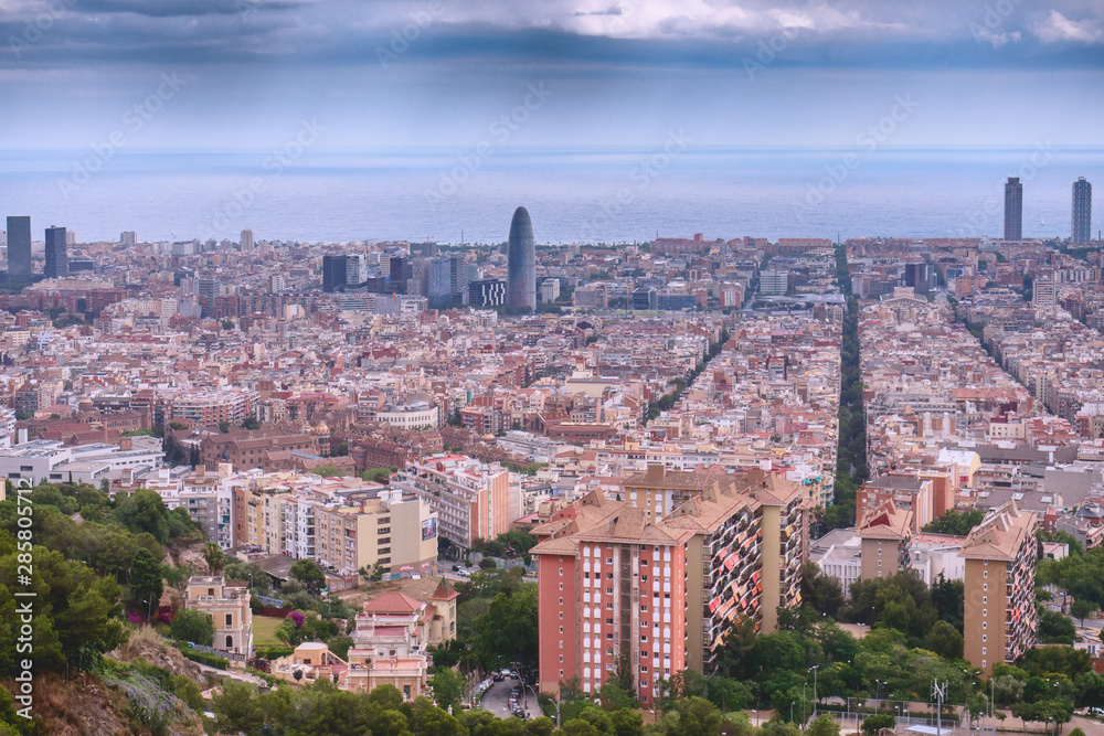 City landscape. Sea, old and new buildings. Barcelona, Catalonia