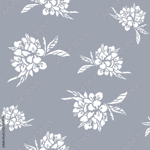 Seamless pattern with image of branch sakura flower on gently white background. Silver flowers. Vector illustration.