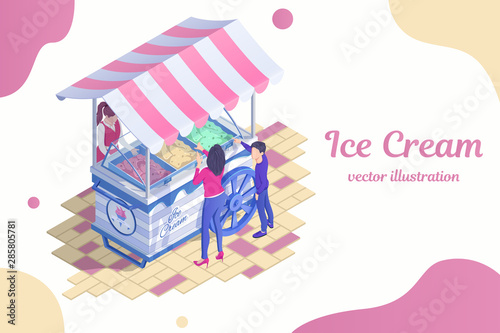 Ice cream cart with awning. Boy with mother buy ice cream on stand. Summer sweet dessert. Street food kiosk, delicious refreshment. Vector cartoon isometric design. Advertising landing page template.