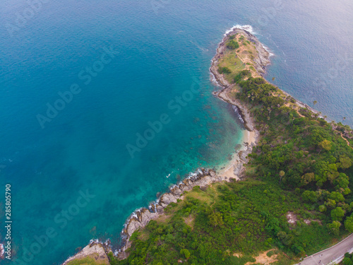 Aerial view sea rocky beach Laem Phromthep cape turquoise water