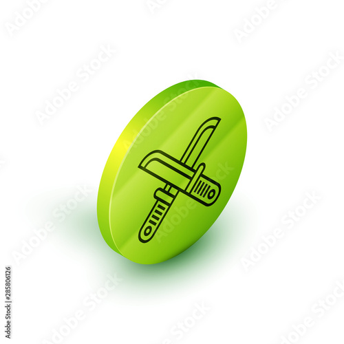Isometric line Crossed hunter knife icon isolated on white background. Army knife. Green circle button. Vector Illustration