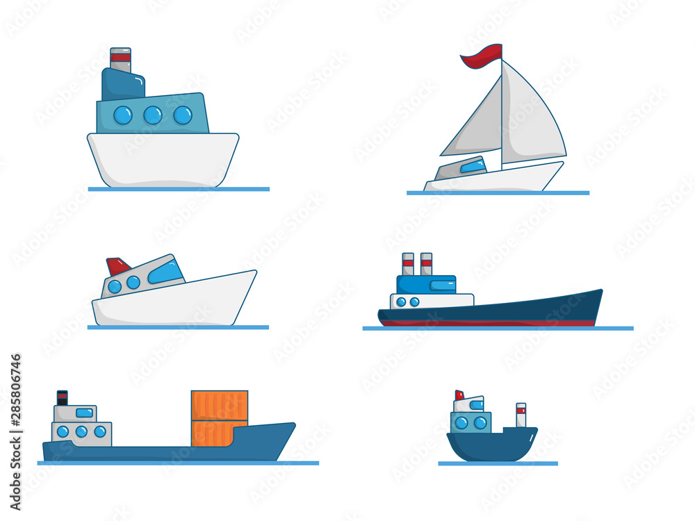 set of boat cartoon vector illustration flat design
