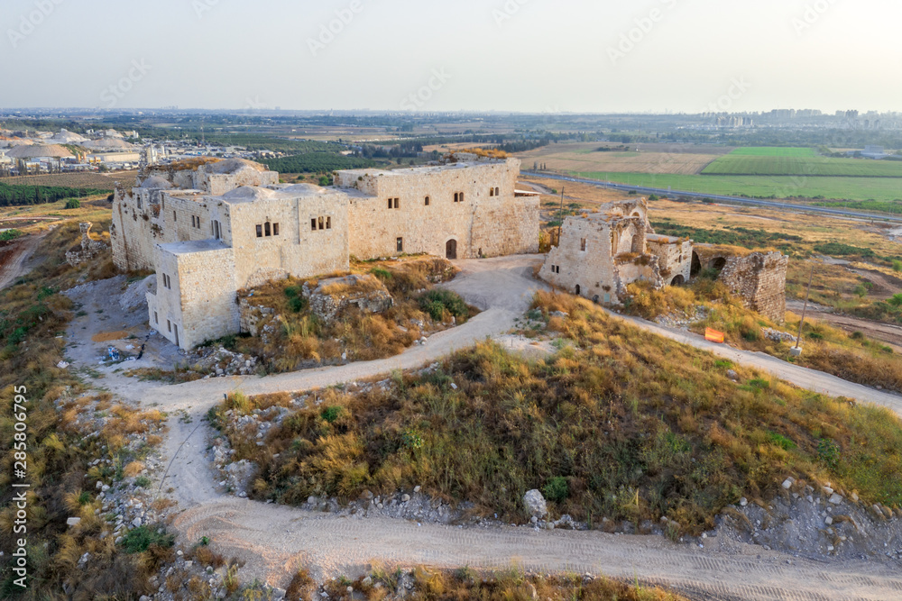 Migdal Afek, also known as Migdal Tsedek Crusader, Byzantine, Ottoman era castle ruin  with white stone walls outside of Rosh HaAyin near Tel Aviv Israel