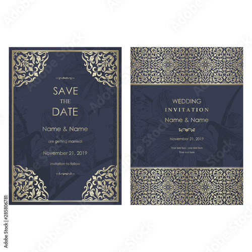 Wedding Invitation and save the date card Eastern gold. Arabic  Pattern. Mandala ornament. Frame with flowers elements. Vector illustration.