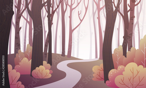 Landscape of forest path with bushes and trees in sepia colors. Background illustration in vector.