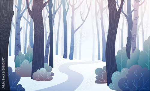 Landscape of forest path in winter with frozen bushes and snow. Background illustration in vector. 