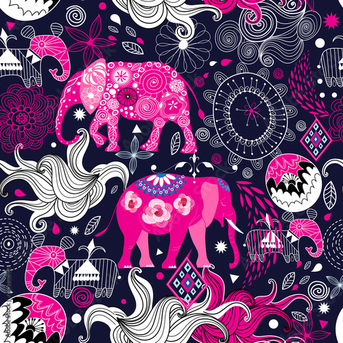 Photography Seamless lovely pattern of elephants on a floral