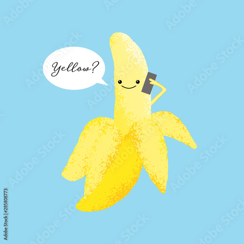 Vector illustration of a cute banana with a kawaii face answering a mobile phone saying 'Yellow?' Funny food concept.
