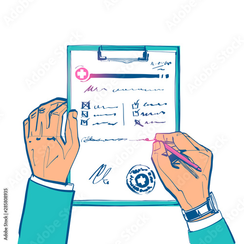 Doctor writing prescription. Clipboard in hands of doctor. Rx prescription form. Medical prescription pad. Vector illustration sketch style. Cartoon style. Medical background, template.