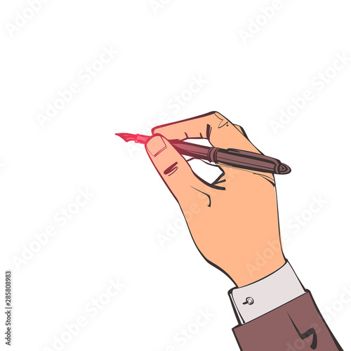 Pen in hand sketch style. Man holding pencil. Vector illustration, cartoon design. Writing template. Template for writing text drawing. Signature of document. Isolated on white background. Take note.