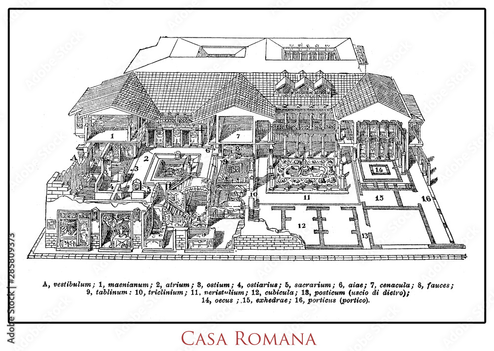 Antique Roman house, a single storey house with a central hall (atrium) and the rooms opening there. From am Italian Lexivon of the 19th century with Latin names for the single parts of the house.