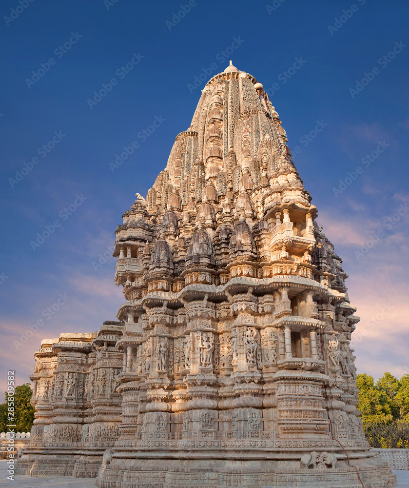 Exterior of ancient Neminath Jain temple in Ranakpur, Rajasthan, India
