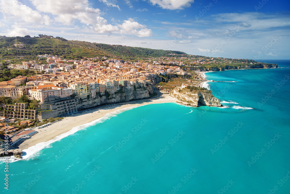 Tropea Panoramic Landscape in Italy - Monastery and public beach during sunny day