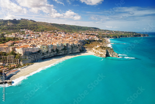 Tropea Panoramic Landscape in Italy - Monastery and public beach during sunny day