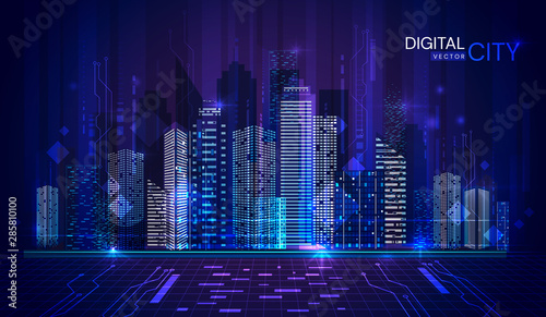 Panorama banner of Digital City at twilight in cool blue tones with lights illuminated in the high-rise buildings of the central business district, vector illustration